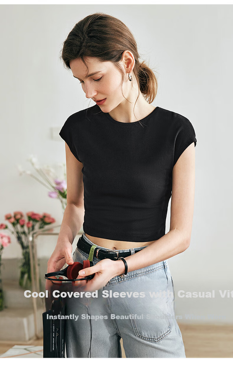 Olrain Cool Small Cap Sleeve Slim Fit Short Sleeve T-Shirt Summer Women's Short Top High Elastic Inner Wear Black S 2