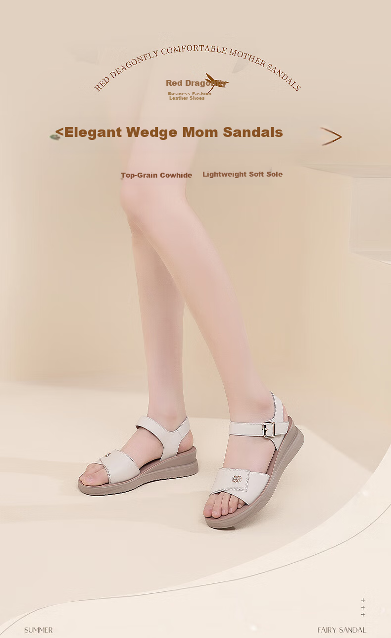 Red Dragonfly Women's Summer Sandals Flat Soft Leather Soft Sole Middle-aged and Elderly Beach Shoes WTK240752 Off-white 38 1