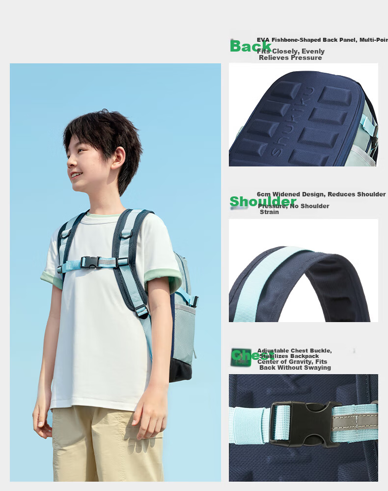 SHUKIKU Fun Look Children's Ergonomic Backpack Primary School Ultra-Lightweight Load-Reducing Double Shoulder Bag Gift Box Blue-Green M 10