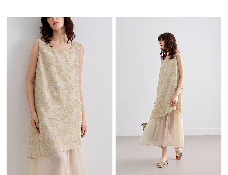 Demana Summer Faux Two-Piece Spliced Chiffon Lightweight Loose Sleeveless A-Line Mid-Length Dress with Cutwork and Print 7