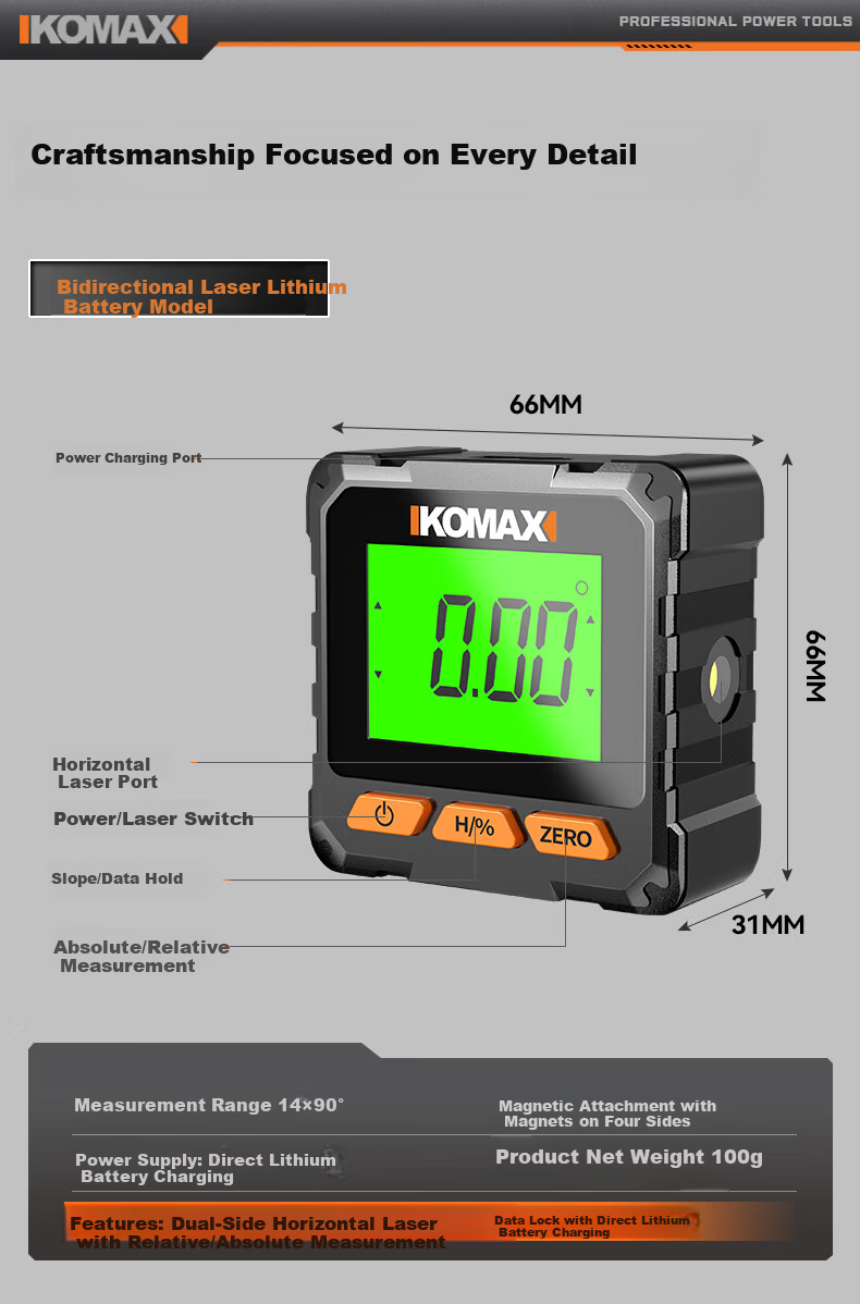 KOMAX High-Precision Digital Inclinometer Laser Level Small New Magnetic Angle Meter Multifunctional Slope Ruler 23