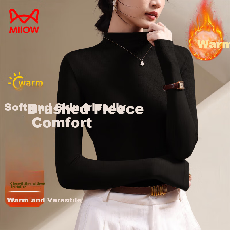 MiiOW Women's Half Turtleneck Base Shirt 2025 New Fleece Thickened Autumn Winter Black Long Sleeve Knit Top