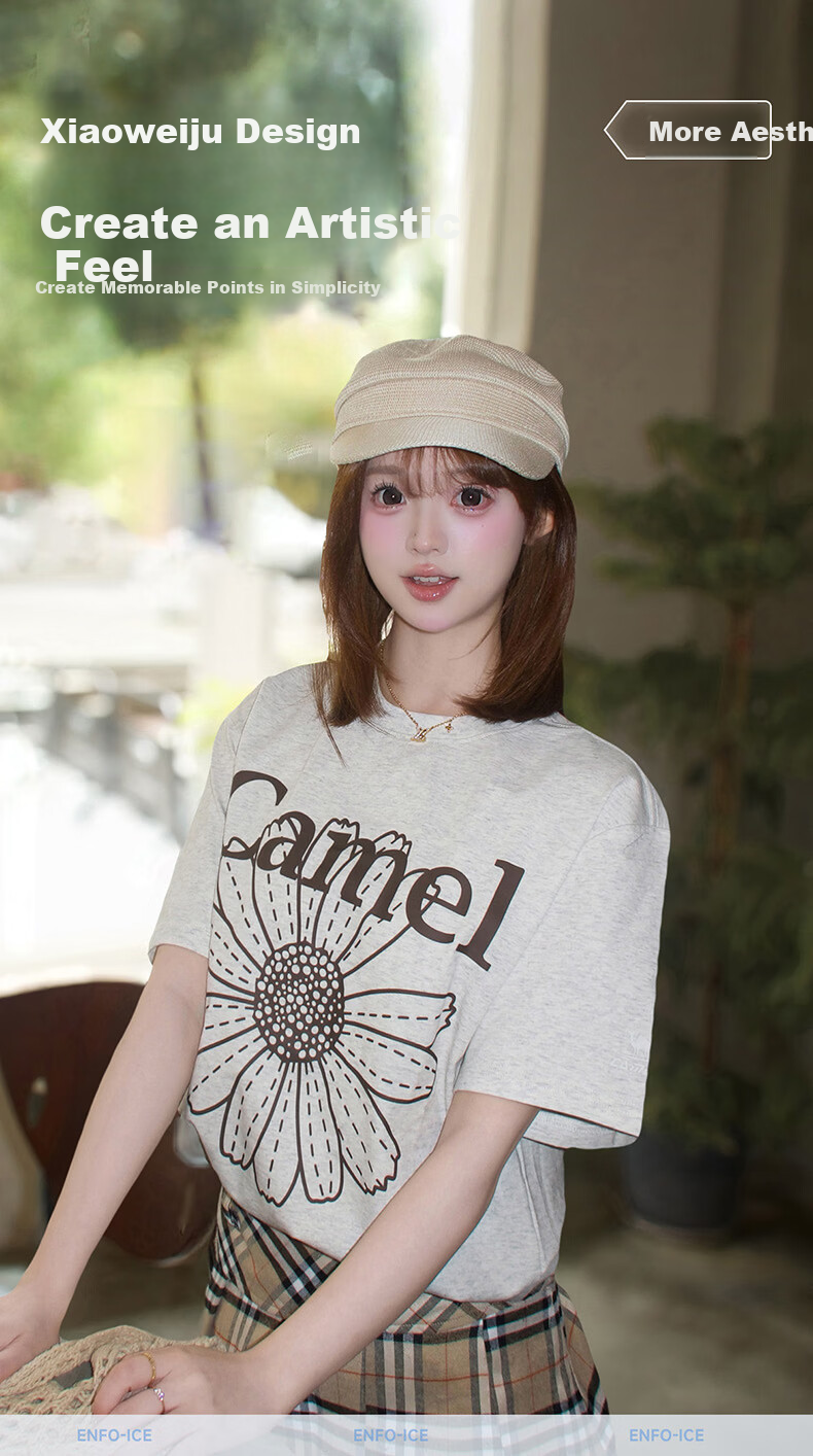 CAMEL Ice Skin T-Shirt Little Daisy Short Sleeve Cotton Loose Casual Top C36BAXLN023C Light Heather Gray XL 3