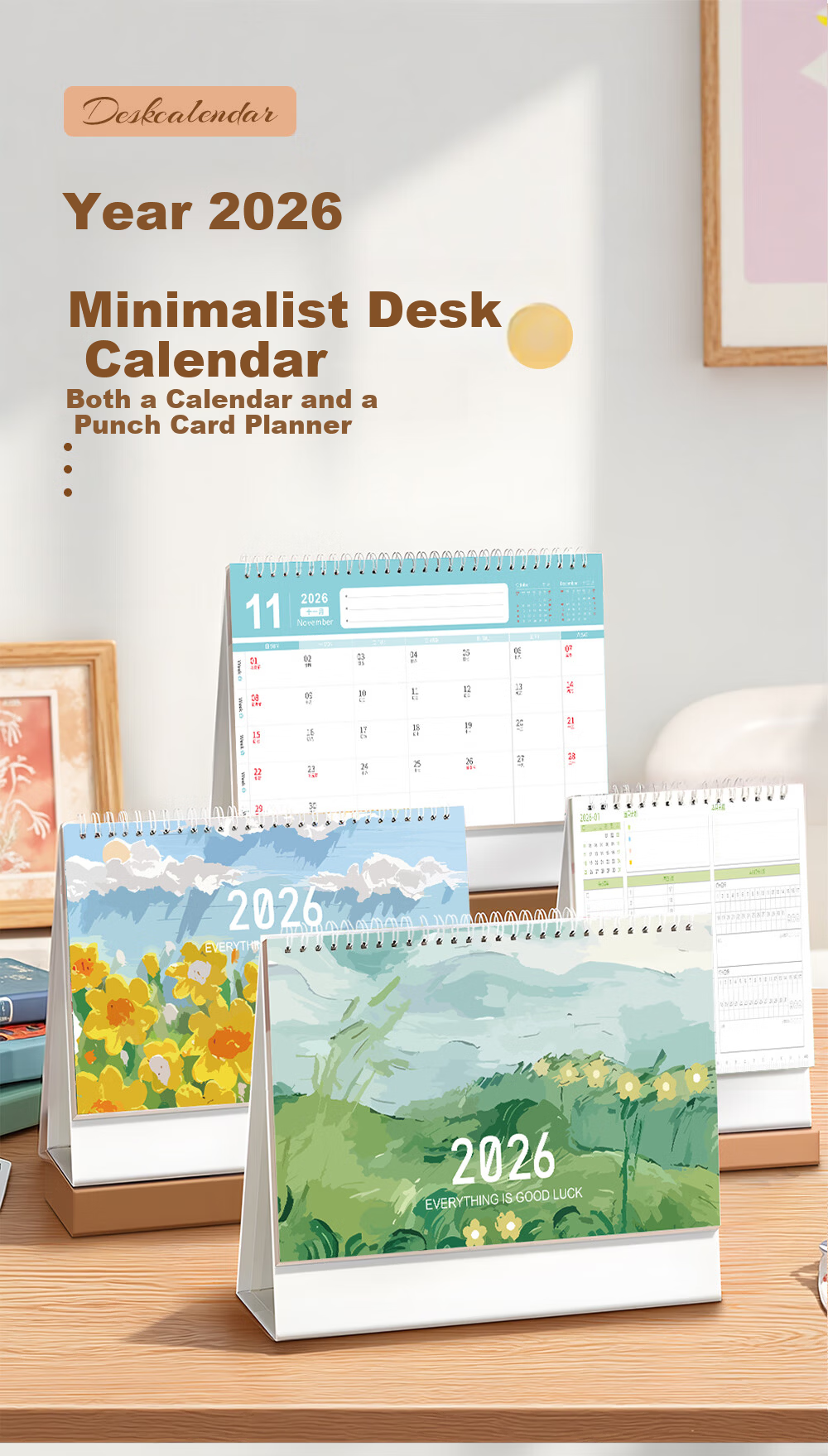 Congpai 2025 Desk Calendar Small Daily Planner 2026 Work Punch Calendar Large Grid Self-Discipline Schedule Good Luck Blooming Flowers 1