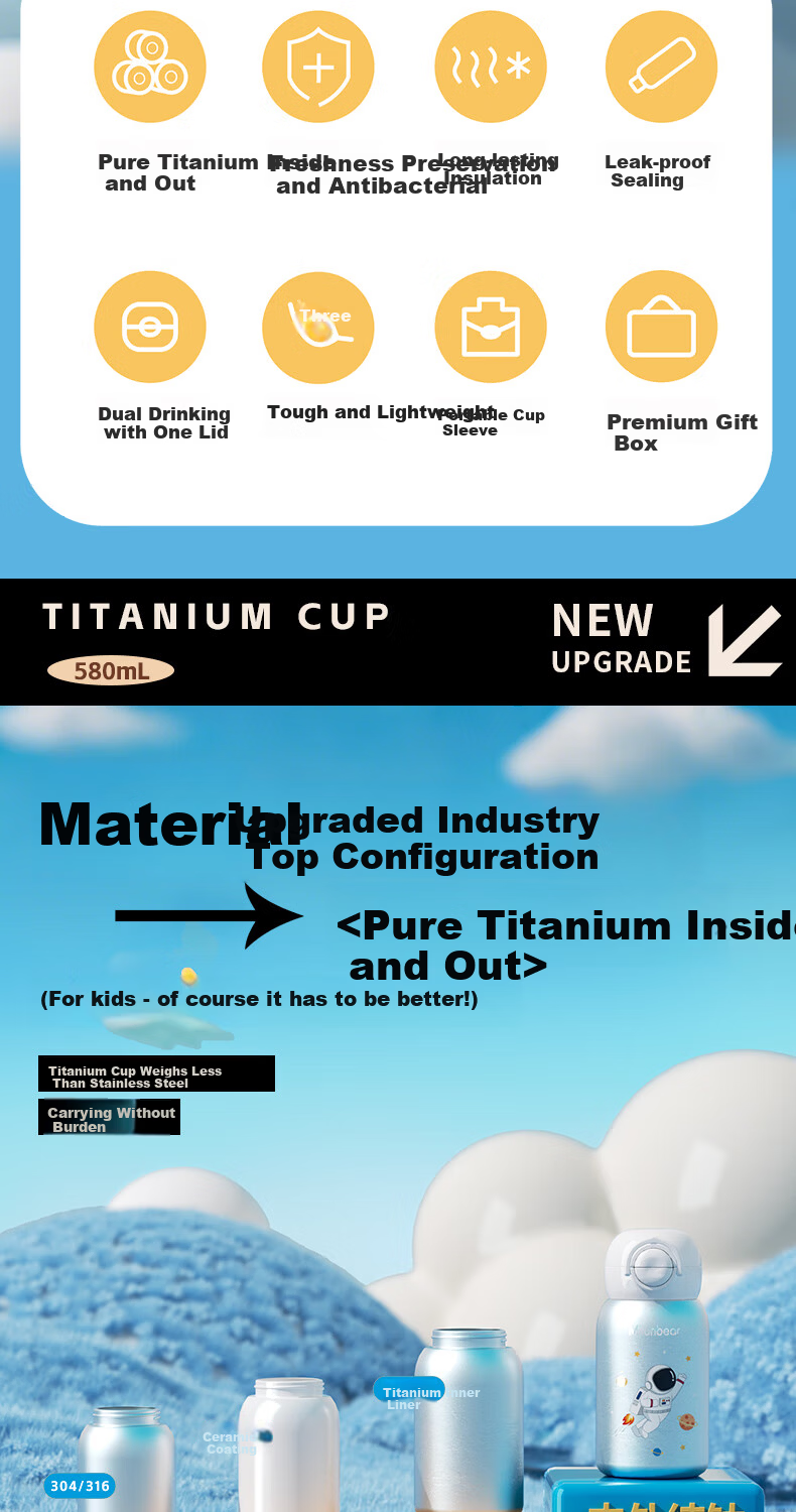 Milun Bear Pure Titanium Children's Insulated Water Bottle Large Capacity Thermos Kids Boys Girls Birthday New Year Gift 2