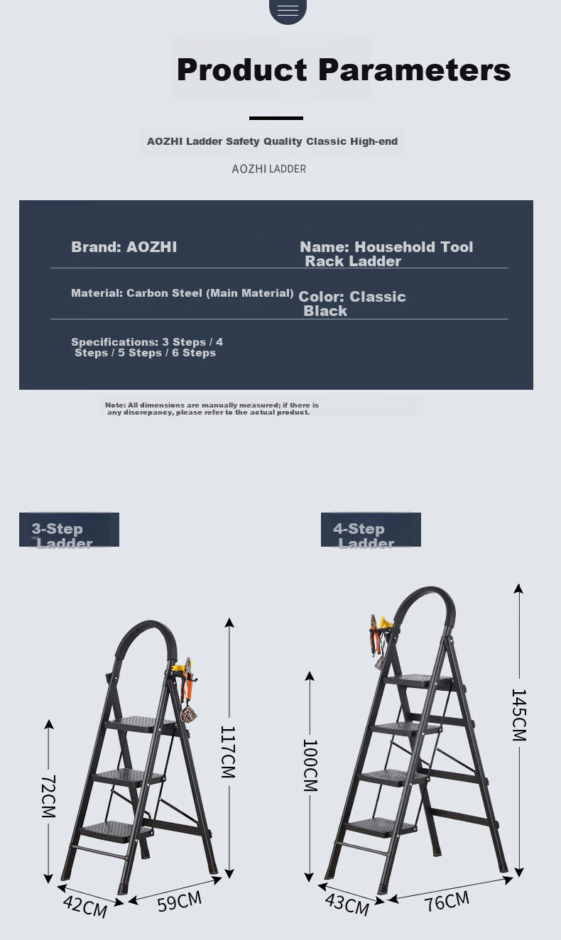 AOZHI Household Folding Ladder Elevated Thickened Step Ladder Thickened Pedal Engineering Ladder Black Three-Step Ladder 9