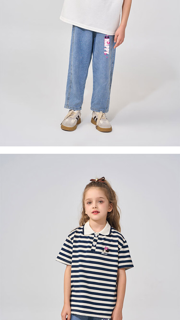 Disney Kids Summer New Polo Shirt and Denim Jeans Set College Style Versatile Pants and Top White+Blue 120 8