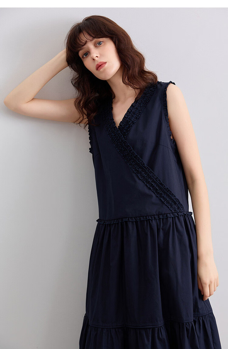 Demana [100% Cotton Poplin] Summer French Style Cross V-Neck Sleeveless Ruffle Slim A-Line Mid-Length Dress for Women 18