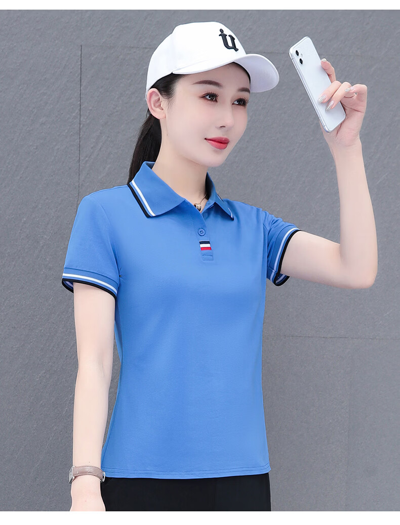 Woodpecker Women's Polo Shirt Short Sleeve T-Shirt Summer New Pure Cotton Regular Shoulder Turn-down Collar Casual Plus Size Slim Fit Top Gray M 20