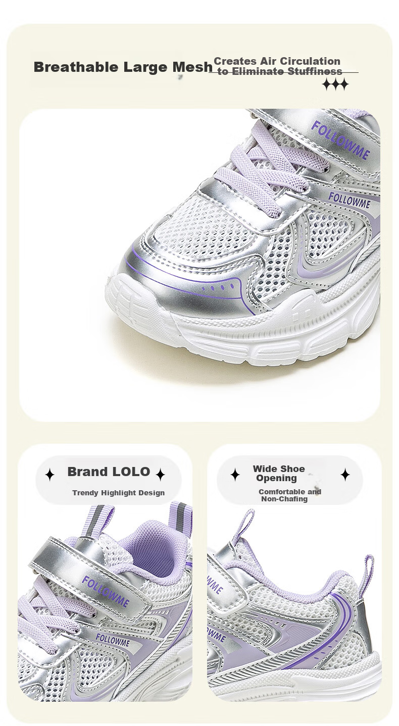 Follow Me Girls' Sports Shoes, Summer Mesh Breathable Casual Shoes, Children's School Non-Slip Running Shoes, Silver Purple, Size 34 1
