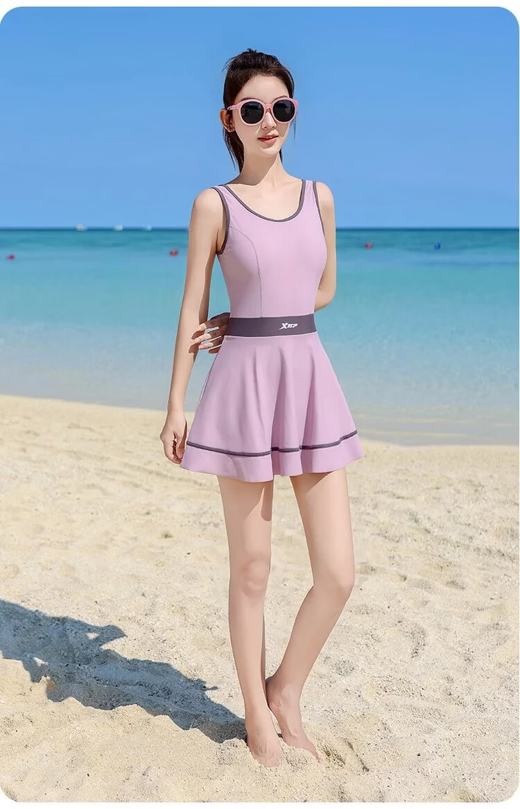 Xtep Women's Sleeveless One-Piece Swim Dress Slimming Tummy Control Conservative Beach Vacation Versatile Swimsuit 9