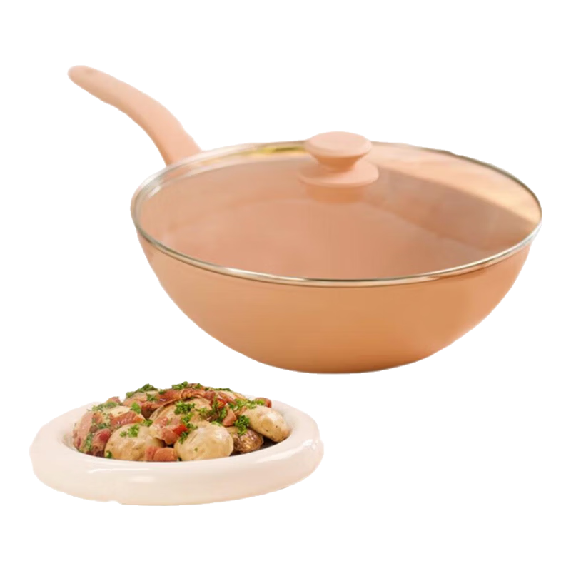 Feishile Ceramic An Series 28cm Non-Stick Wok (With Glass Lid) - Soft Peach-Colored Wok Compatible with Gas Stoves