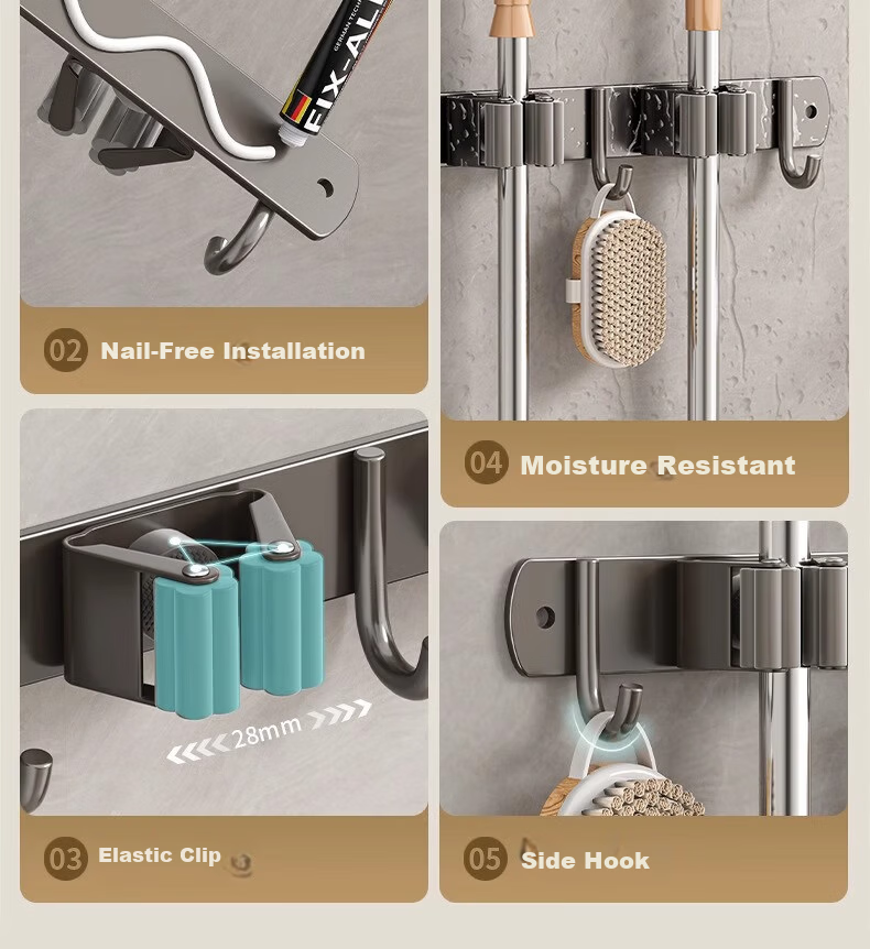 Xinpei Mop Hanger Hook, Broom Holder, Fixed Rack, No Drilling Required, Toilet Mop Clip, Bathroom Storage Shelf 5