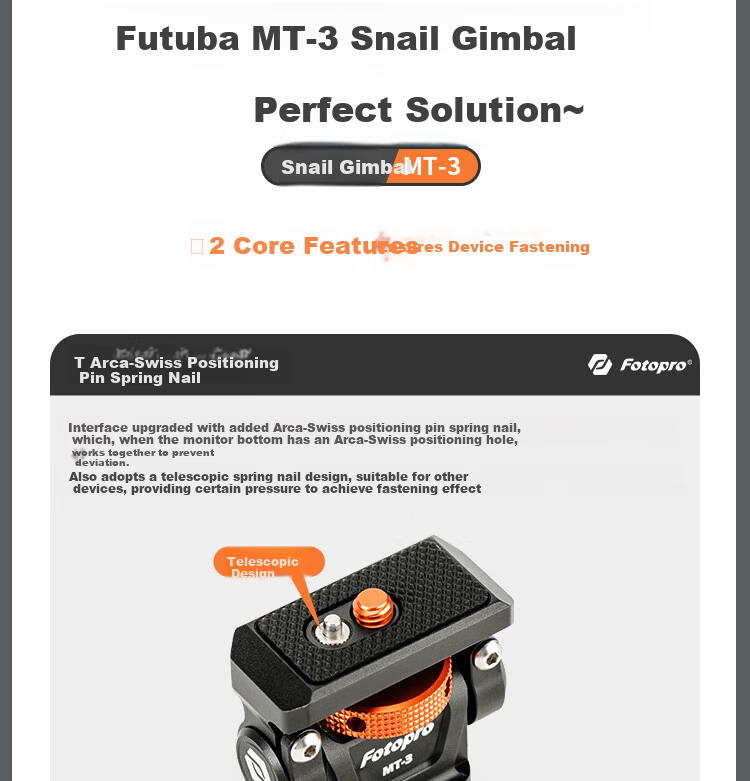 Fotopro MT-3 Monitor Base, Damping Metal Bracket, DSLR Camera Universal Mirrorless External Cold Shoe Snail Gimbal, Gray 4