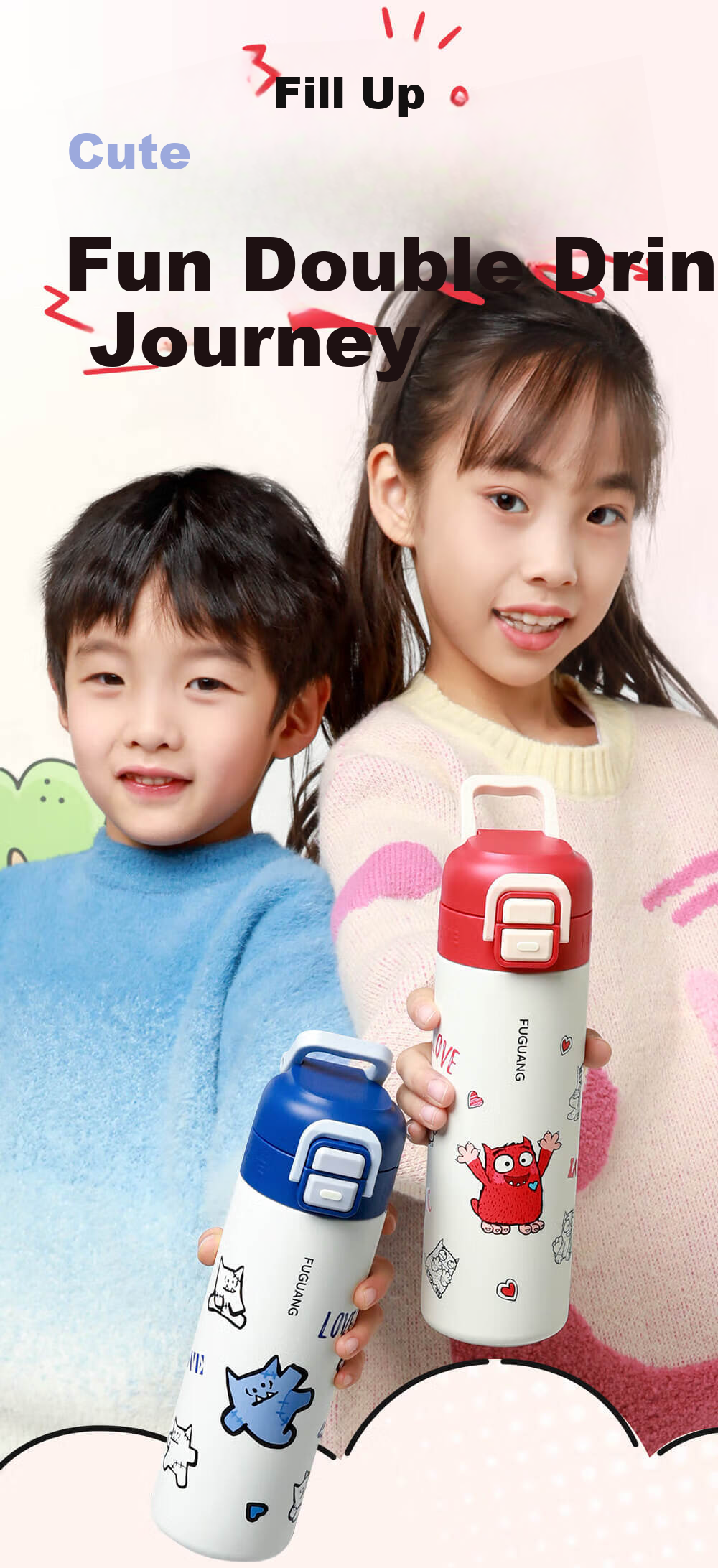 FGA Fuguang Children's Insulated Water Bottle, 316L Double-Drinking Design, for Elementary School Students, Back-To Portable Large Capacity, Red, 500ml 2