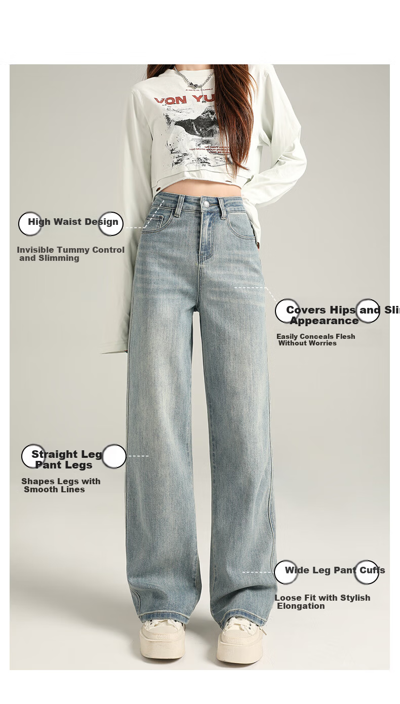 Ziyouxi Slim-Fit Wide-Leg Jeans for Women, Spring 2026 New Style, Petite Straight High-Waist Slimming Elastic Loose Floor-Length Pants 2