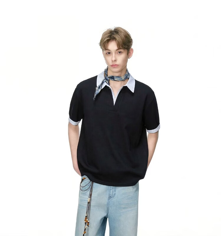 ICH MODE Intellectual High IQ Fake Two-Piece Striped Short Sleeve Polo Shirt Women Summer Couple T-Shirt Black M 7