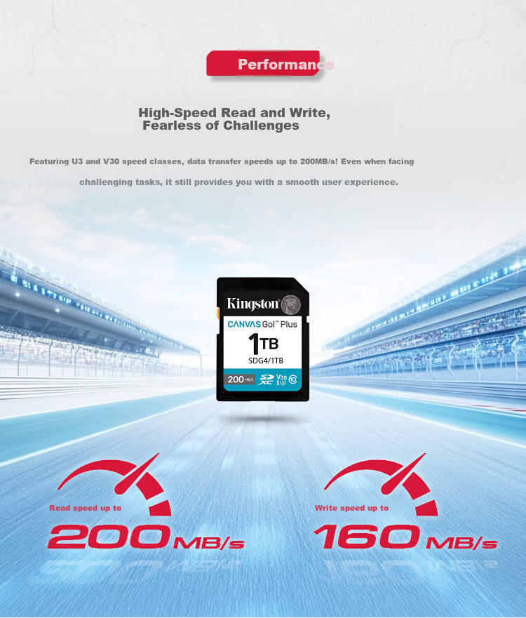 Kingston 1TB SD Card U3 V30 High-Speed Camera Memory Card 4K Ultra HD Recording 200MB/s Read 160MB/s Write 1