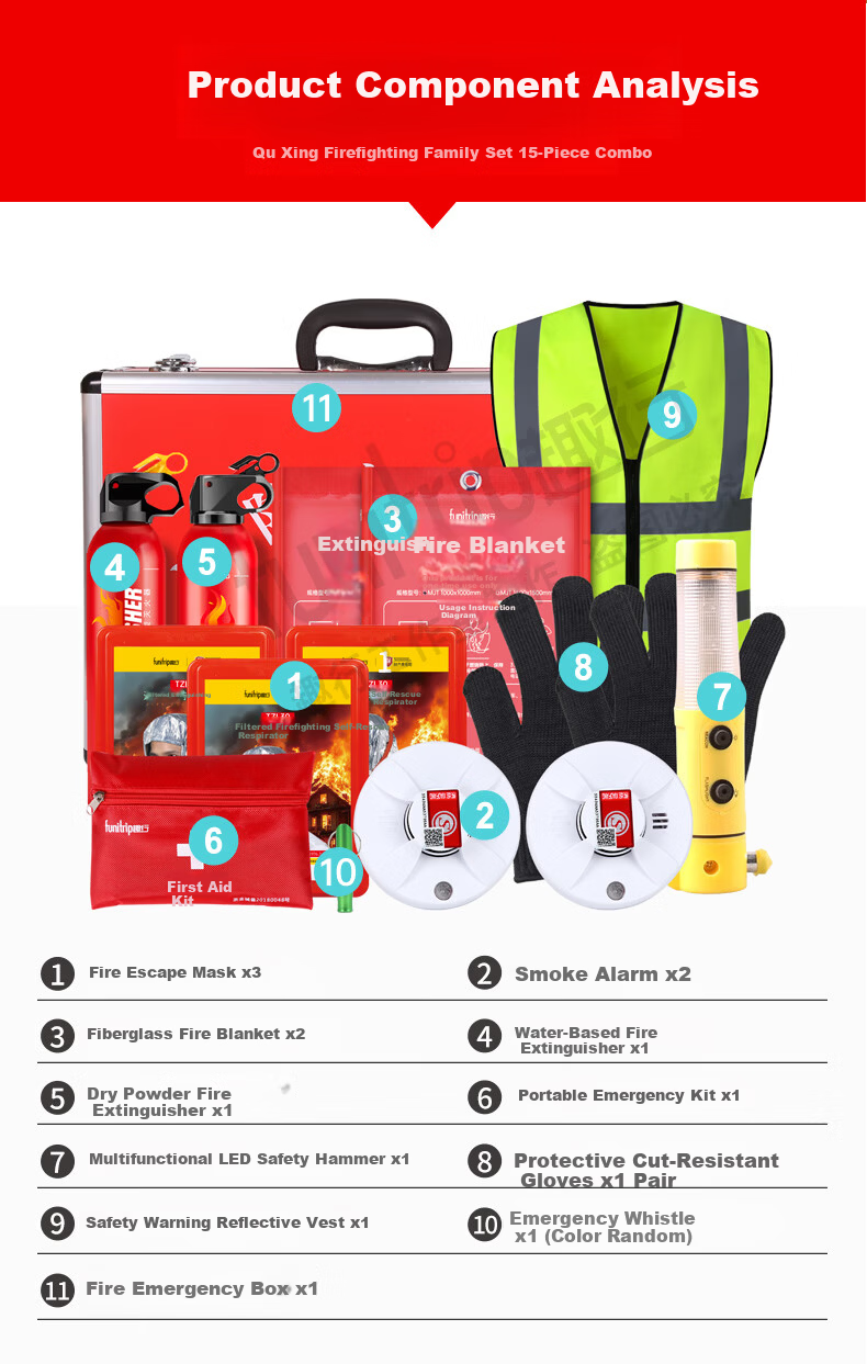 QuXing Fire Emergency Kit Family Fire Mask Fire Blanket Fire Extinguisher Emergency Bag Aluminum Alloy Case 15 Pieces XF19 3