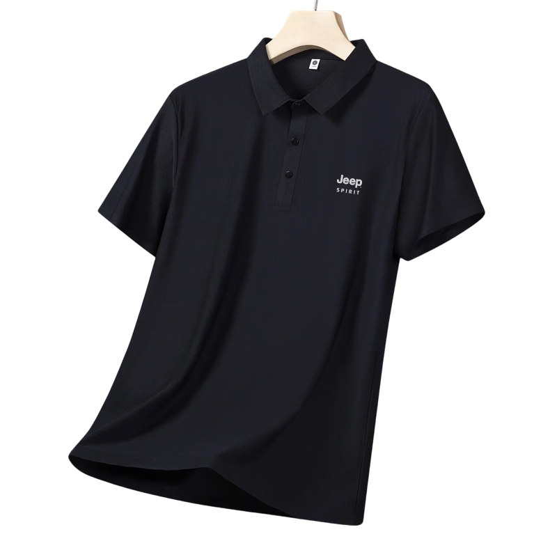 JEEP SPIRIT Men's Short Sleeve T-Shirt Summer Ice Silk Quick-Dry Polo Shirt Lightweight Breathable Casual T-Shirt Black XL