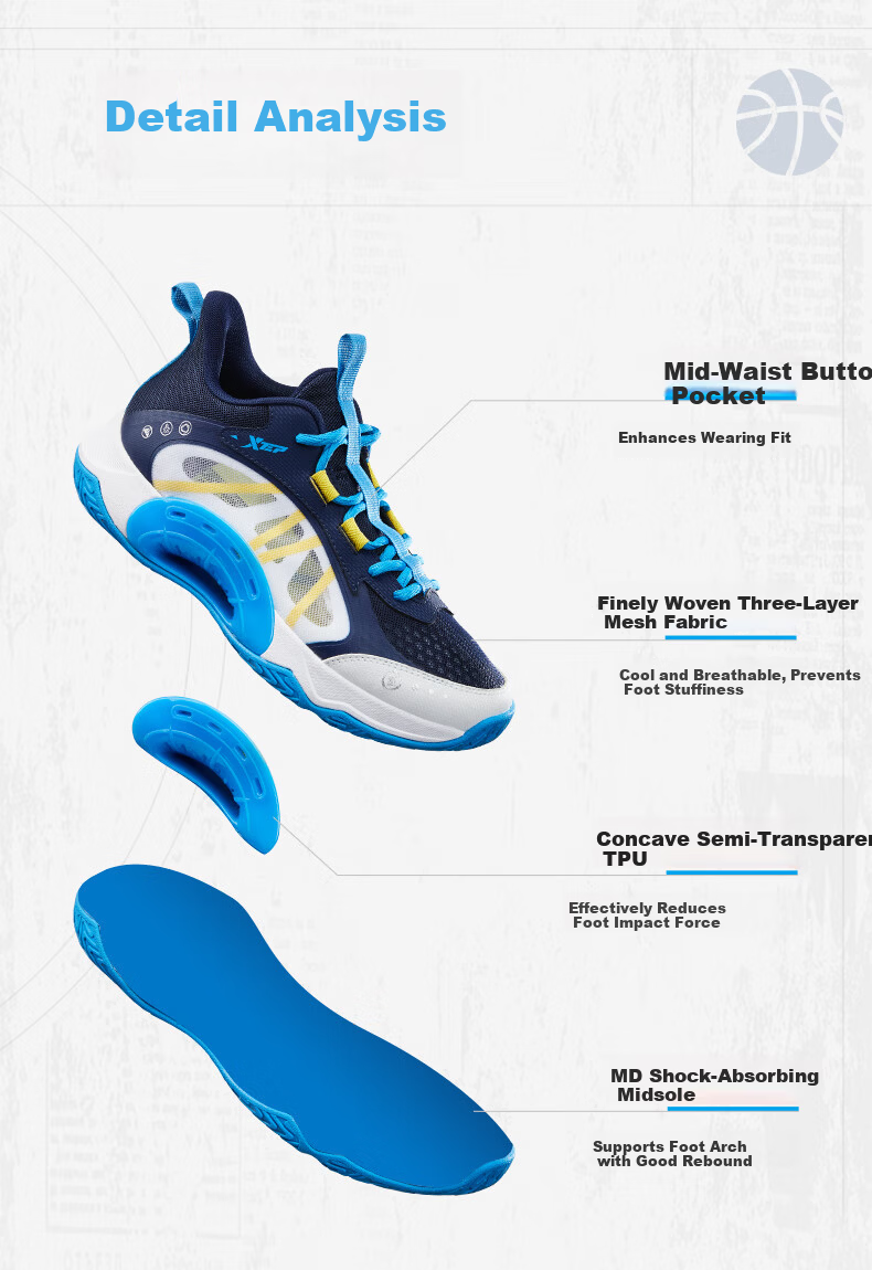 XTEP Kids Boys Mesh Breathable Lace-up Basketball Shoes Starry Blue/Teal Blue Size 38 2
