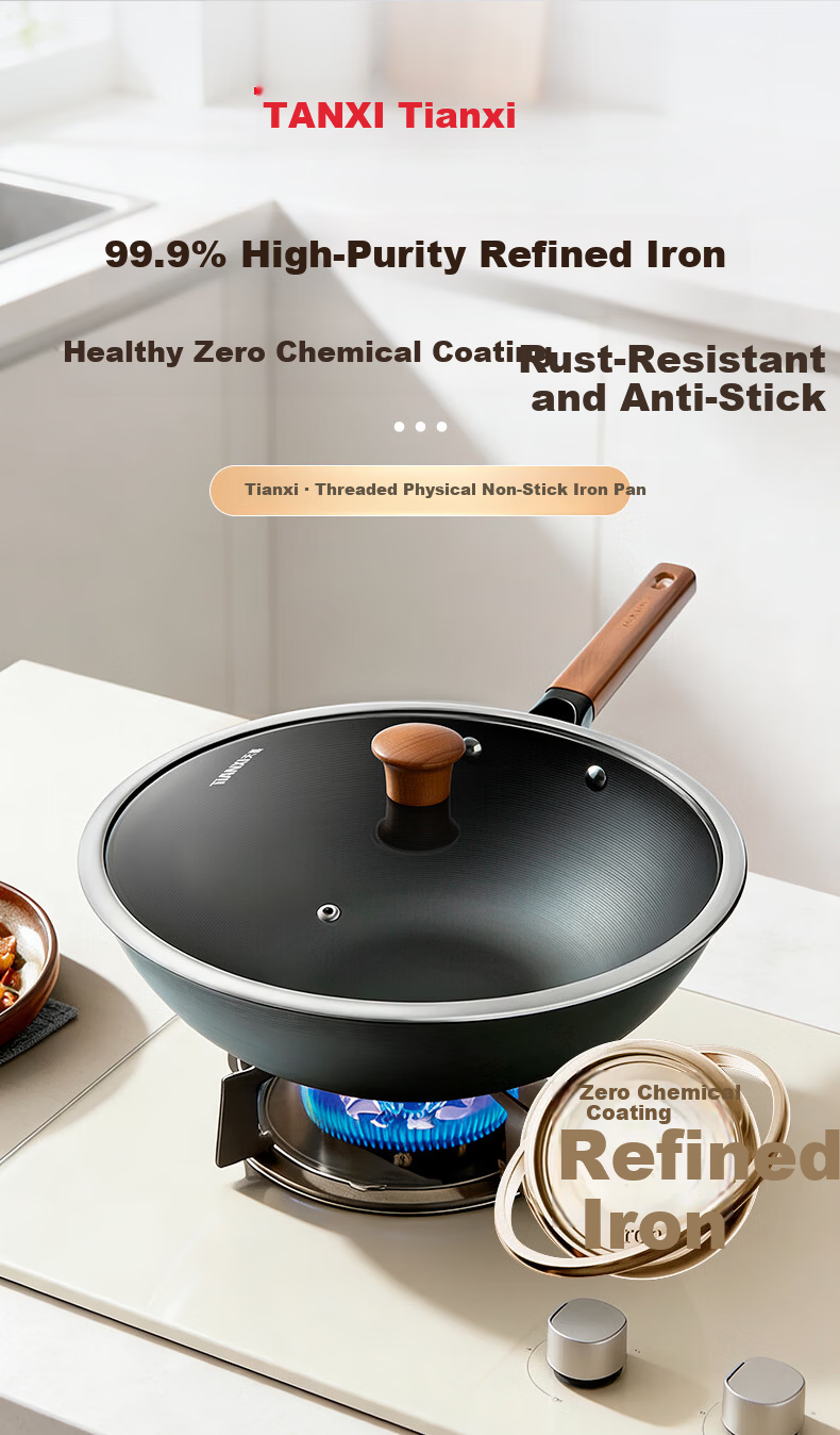 Tianxi 30cm Healthy Uncoated Ribbed Iron Wok Flat Bottom Non-Stick Stir Fry Pan Compatible with Open Flame Gas and Induction Cookers 1
