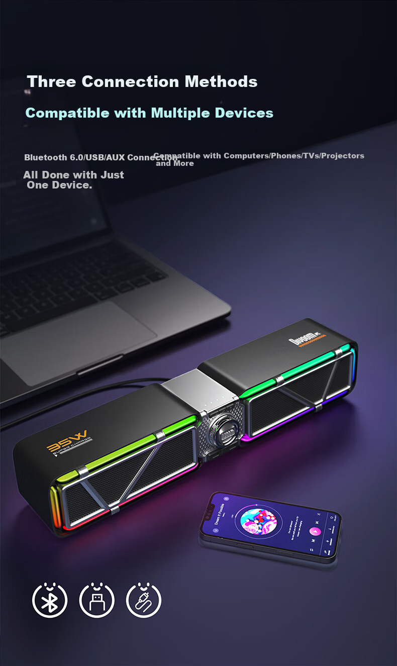 Divoom Divoom Gaming Speaker Stereo Surround Sound Computer Desktop PC Anti-Howling Bluetooth 6.0 Wired RGB Light Bar Black 10