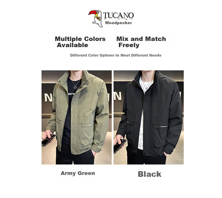 TUCANO Men's Spring Autumn Stand Collar Casual Workwear Korean Style Windproof Jacket Military Green L 6