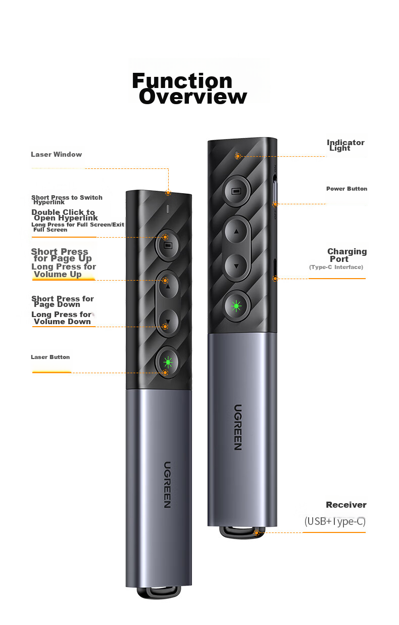 UGREEN Laser PPT Presentation Remote for Teachers, Bluetooth Connected Conference Speaker Remote Control Pen, Rechargeable Wireless Presenter for Projector Screen 20470 20