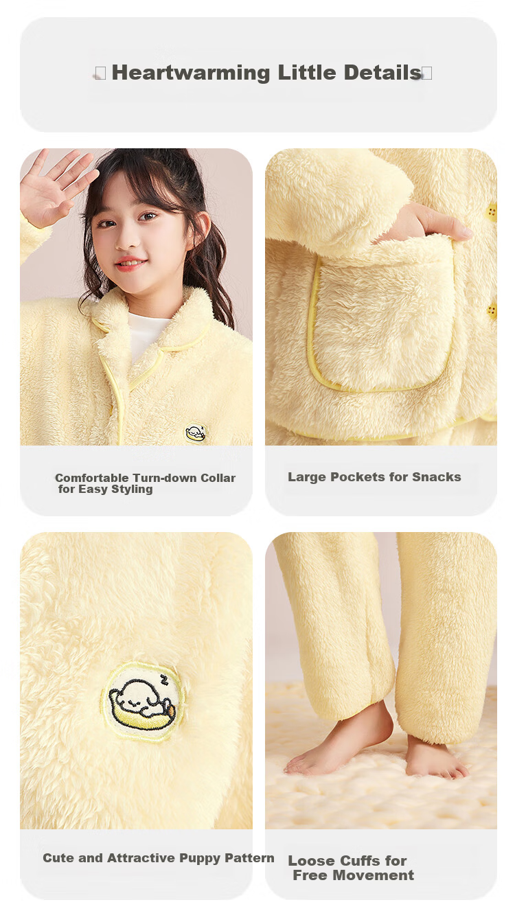 Hodohome Girls' Antibacterial and Anti-Mite Fleece Thickened Far-Infrared Warm Bubble Fleece Stand Collar Pajamas 702 Size 140 16