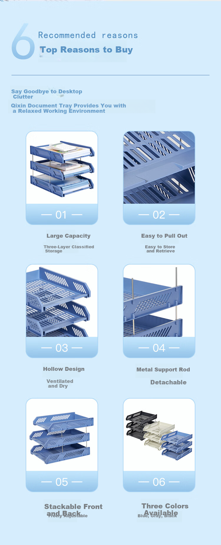 COMIX Three-Layer Hollow Storage File Holder Detachable Assembly File Tray/File Frame/File Rack Durable Office Supplies Blue EB709/B2060 2