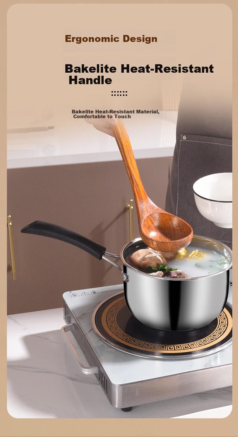 BSITN 20cm Stainless Steel Milk Pot with Steamer Thickened Small Soup Pot Non-Coated Milk Heating Pot Gas Stove Compatible 3618 9