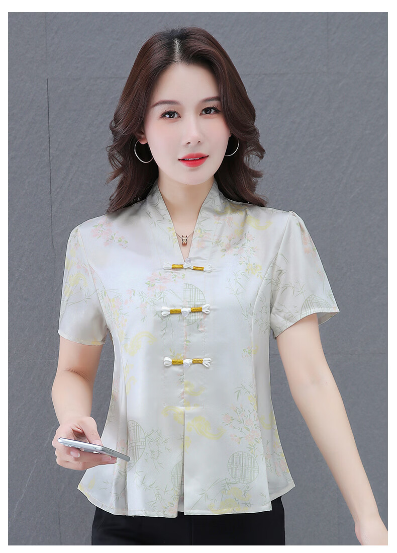 Woodpecker New Chinese Style Short Sleeve T-Shirt for Women Summer New Middle-aged and Elderly Mom Elegant National Style Slim Top Off-White L 16