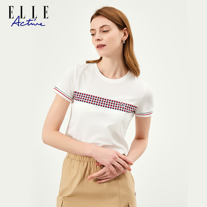 ELLE ACTIVE Casual Colorblock Plaid Short Sleeve T-Shirt Women Summer Simple Versatile Commuter Sports Crew Neck Top White S