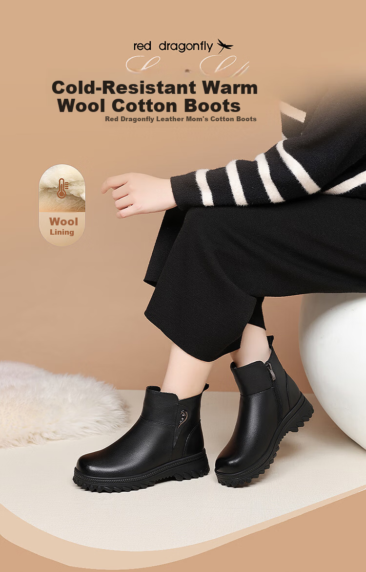 Red Dragonfly Women's Fleece-Lined Warm Mom Cotton Shoes Comfortable Middle-Aged Thick-Soled Short Boots WLC446621Z Black Size 40 2