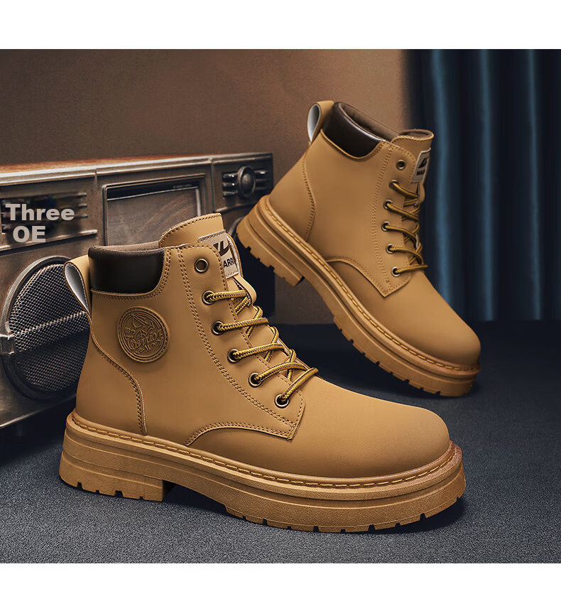 Huili Men's Shoes, 2025 Autumn And Winter New Style Men's Martin Boots, Workwear-Inspired Yellow Boots, High-Top Hiking Shoes, Black, Size 37 16