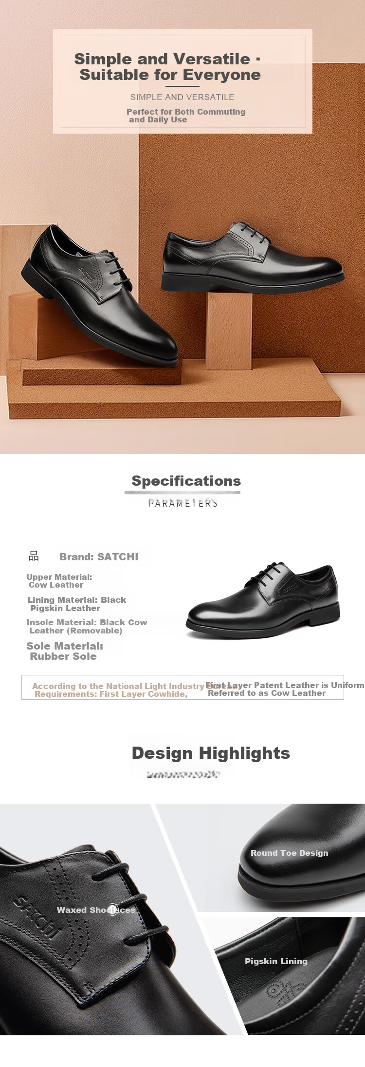 SATCHI Men's Shoes, Simple Business Leather Shoes, Formal Dress Shoes for Men, Wedding Shoes, 402082057Z, Black, Size 41 1