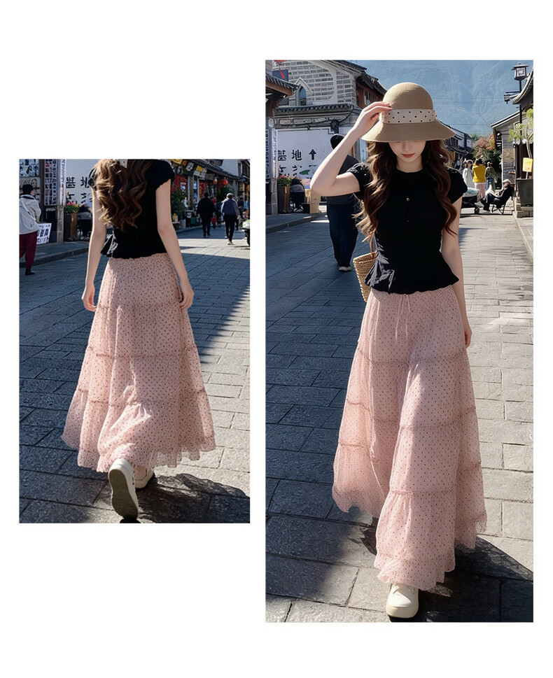 Langsha Pink Polka Dot Long Skirt Women's New 2026 Summer Super Beautiful Tulle A-Line High Waist Slim Puff Half Skirt 11