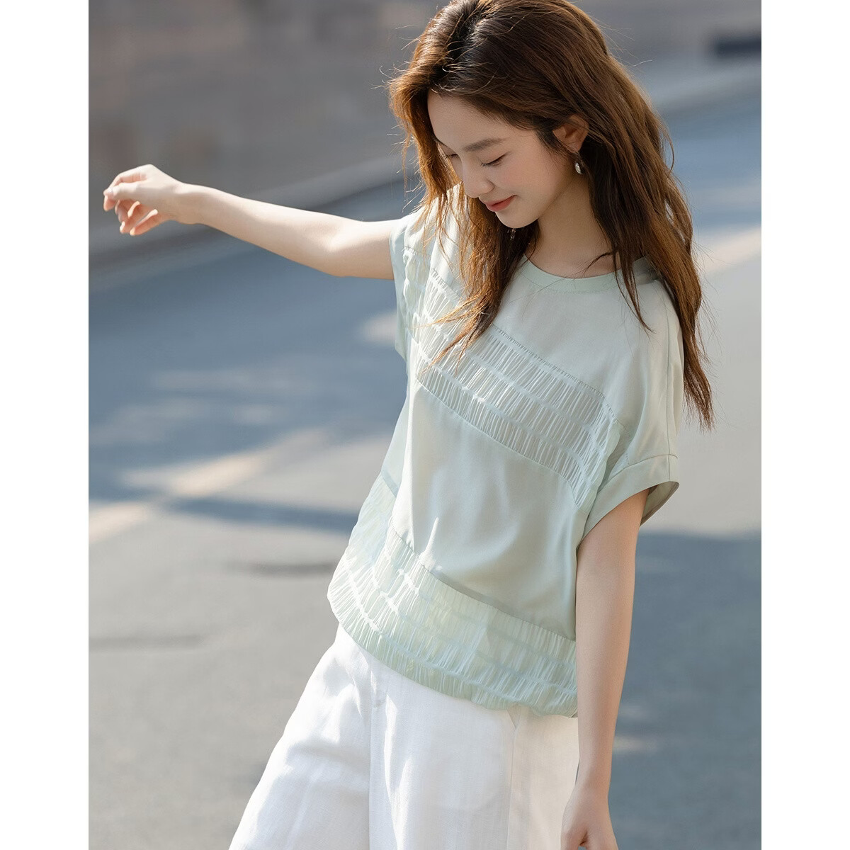 Demana [Sen Oxygen Bubble] Summer Elegant Urban Patchwork Round Neck Raglan Sleeve Loose Slim Shirt for Women High-End Feel