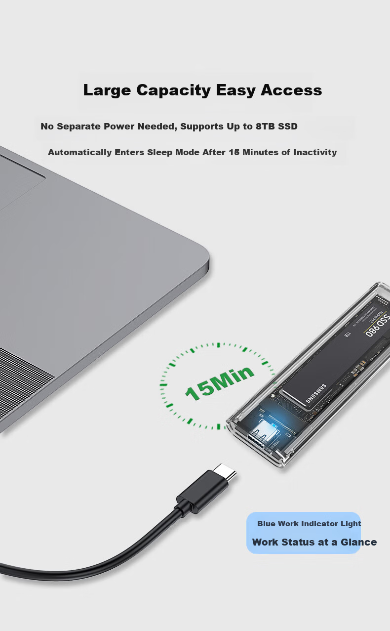 LINSTORAGE M.2 NVMe SSD Enclosure Type-C 3.2 External SSD Case USB 3.2 Hard Drive Enclosure for Laptop and Mobile Phone 9