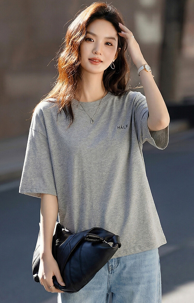 Demana [Comfort 180G Pure Cotton] Summer Simple Style Letter Print Loose Fit Women's 5-Sleeve T-Shirt 30