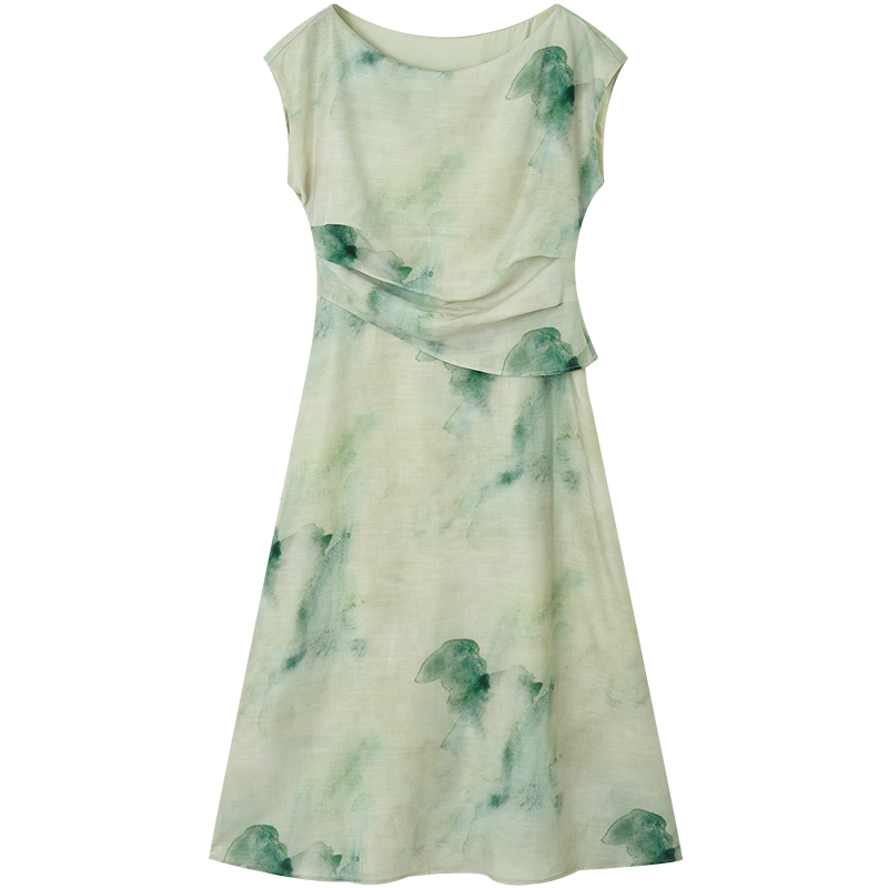 Demana [Oriental Elegance] Summer New Chinese Style Two-Piece Illusion Off-Shoulder Printed Slim Fit Dress for Women Premium Quality