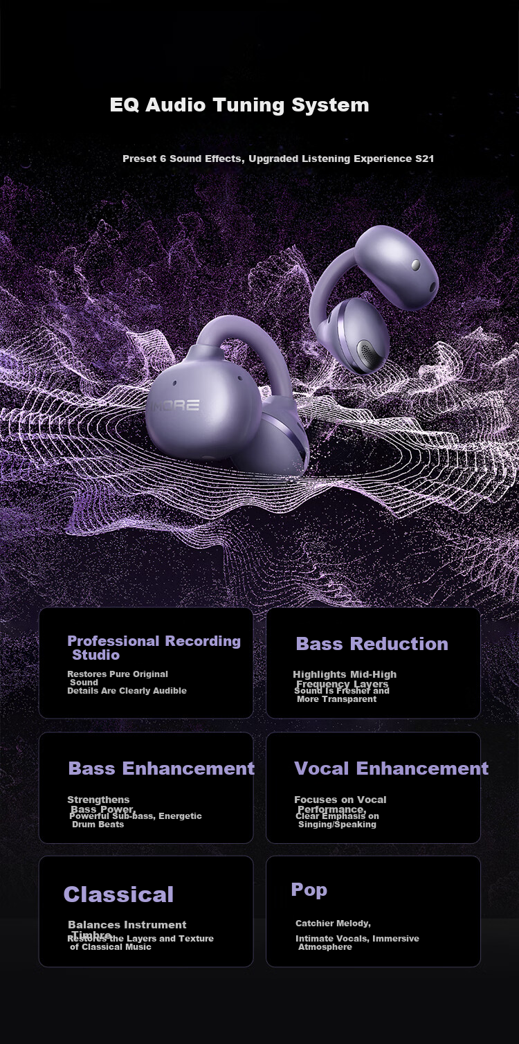 1MORE S21 Open-Ear Clip-On Bluetooth Earphones Bone Conduction AI Call Noise Cancelling Sports Headset for Huawei Xiaomi Apple Jay Chou Endorsed Matte Purple 10