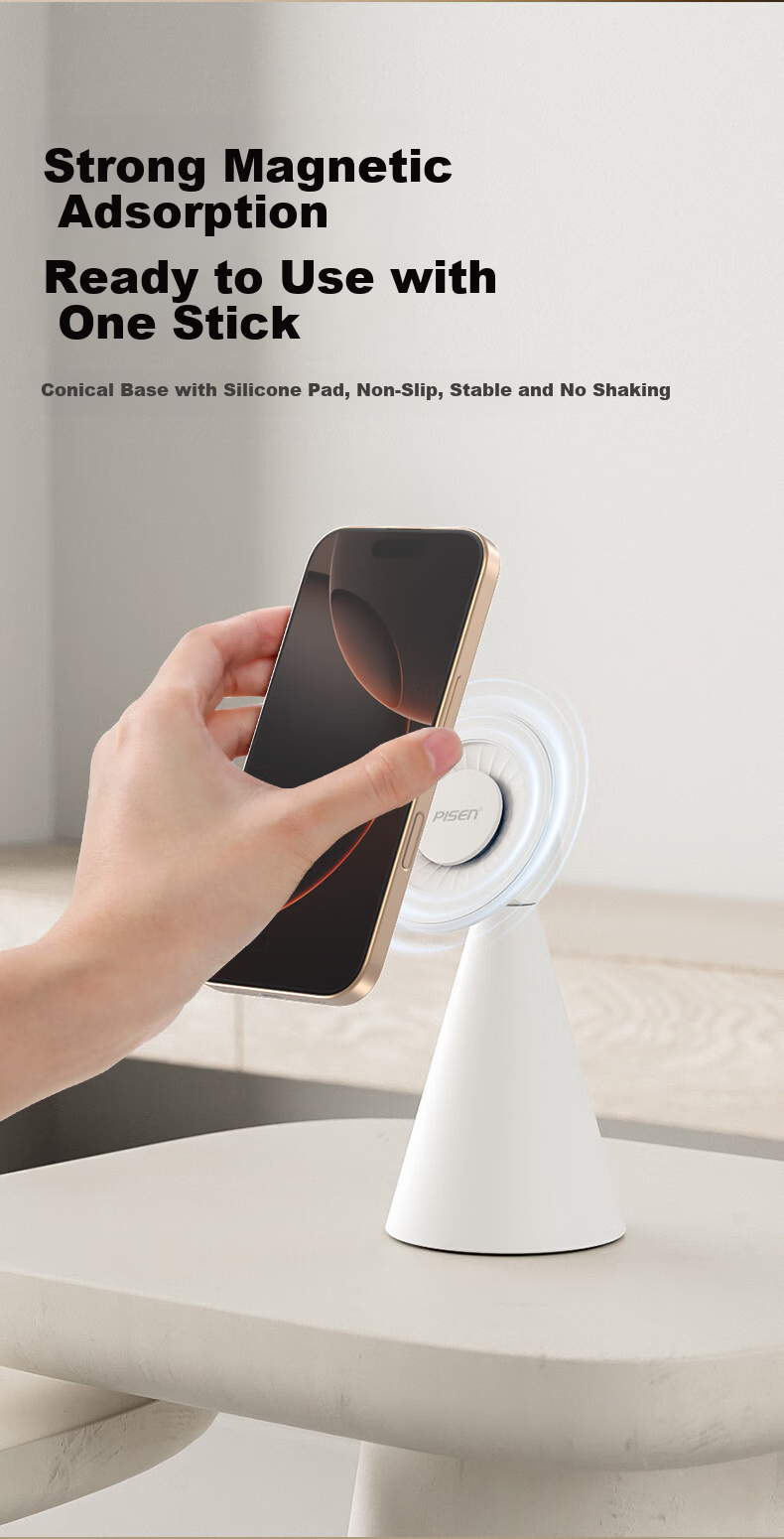 Pisen Double-Sided Magnetic Silicone Ring Holder Phone Stand, Compact Portable Stable 360° Rotating Detachable, Suitable for Apple 17 Pro Max, Huawei Mate 70 Titanium Original Color 3