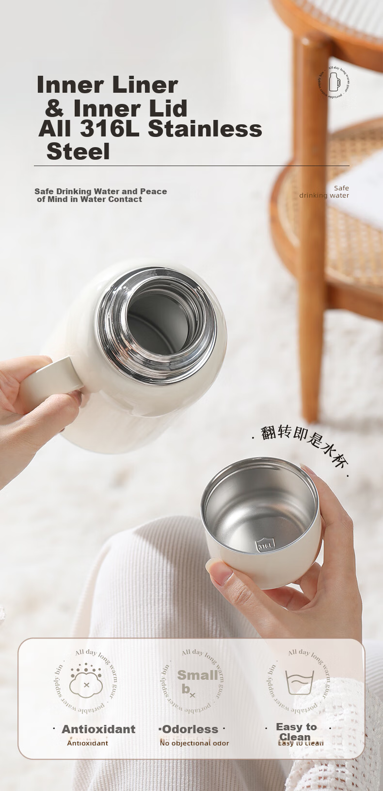 Fuguang Large Capacity Insulated Thermos Flask Stainless Steel Vacuum Water Bottle Portable Outdoor Hot Water Bottle 1200ML 6