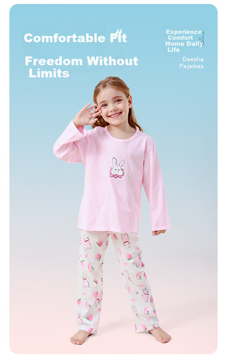 DEESHA [100% Cotton] Children's Pajamas, Girls' Spring And Summer Thin Long-Sleeve Home Wear Set, Girls' Round Neck Air Conditioning Clothes 3