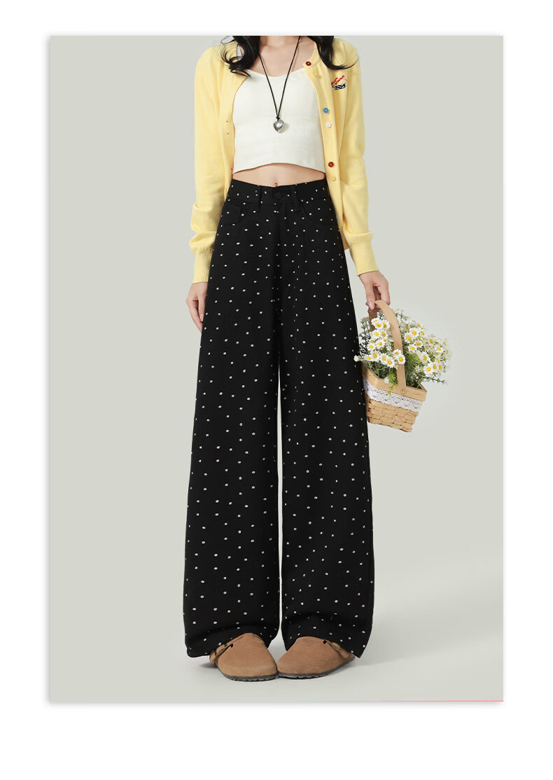 Jeanswest High-Waist Design Women's Jeans Spring Summer Printed Polka Dot Floral Slim Straight Wide-Leg Pants Black M 7