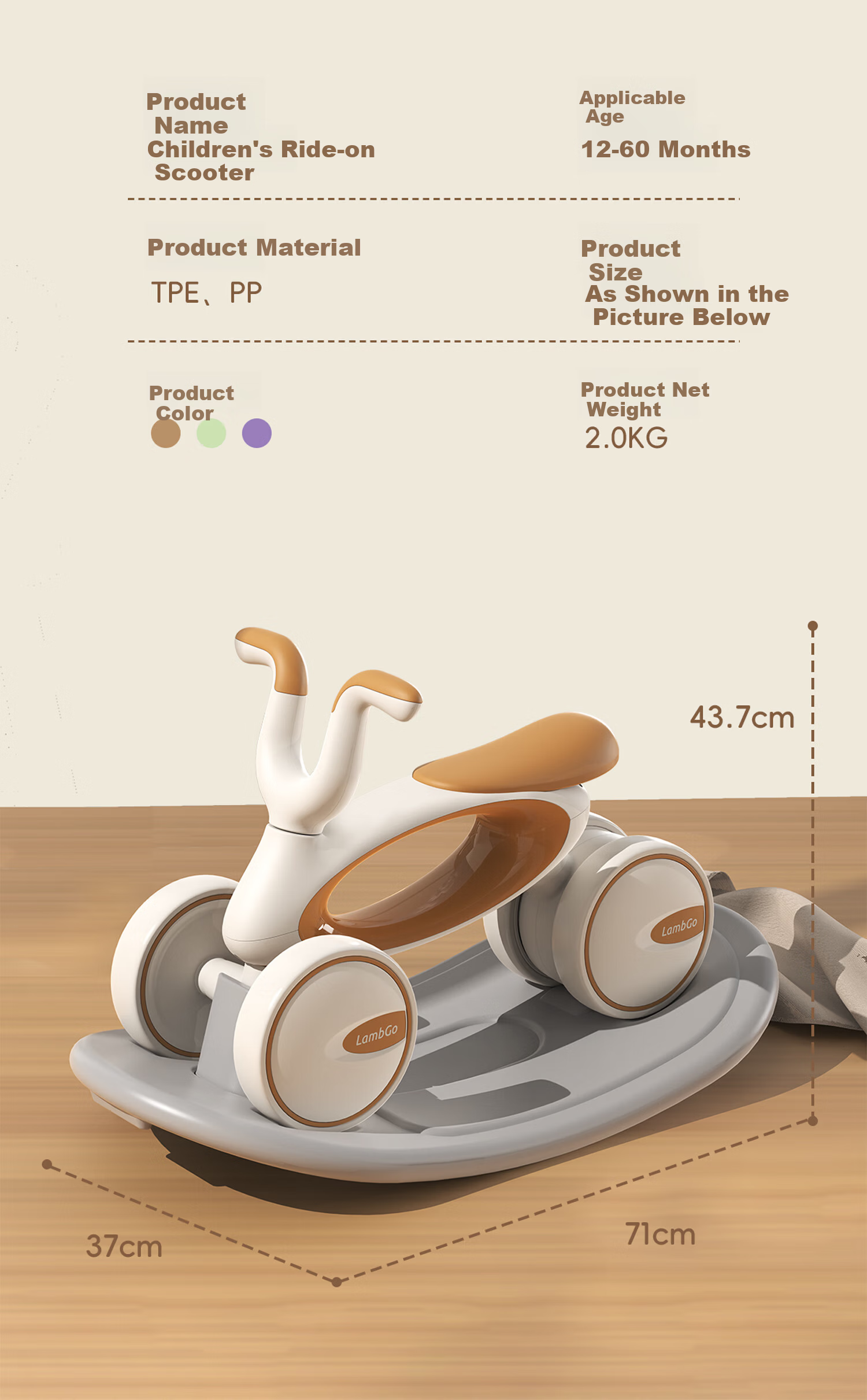 Little Lamb Ride-On Toddler Rocking Horse and Walker 2-in-1 Baby Wooden Horse Birthday Gift Y68 Warm Coffee Color 20