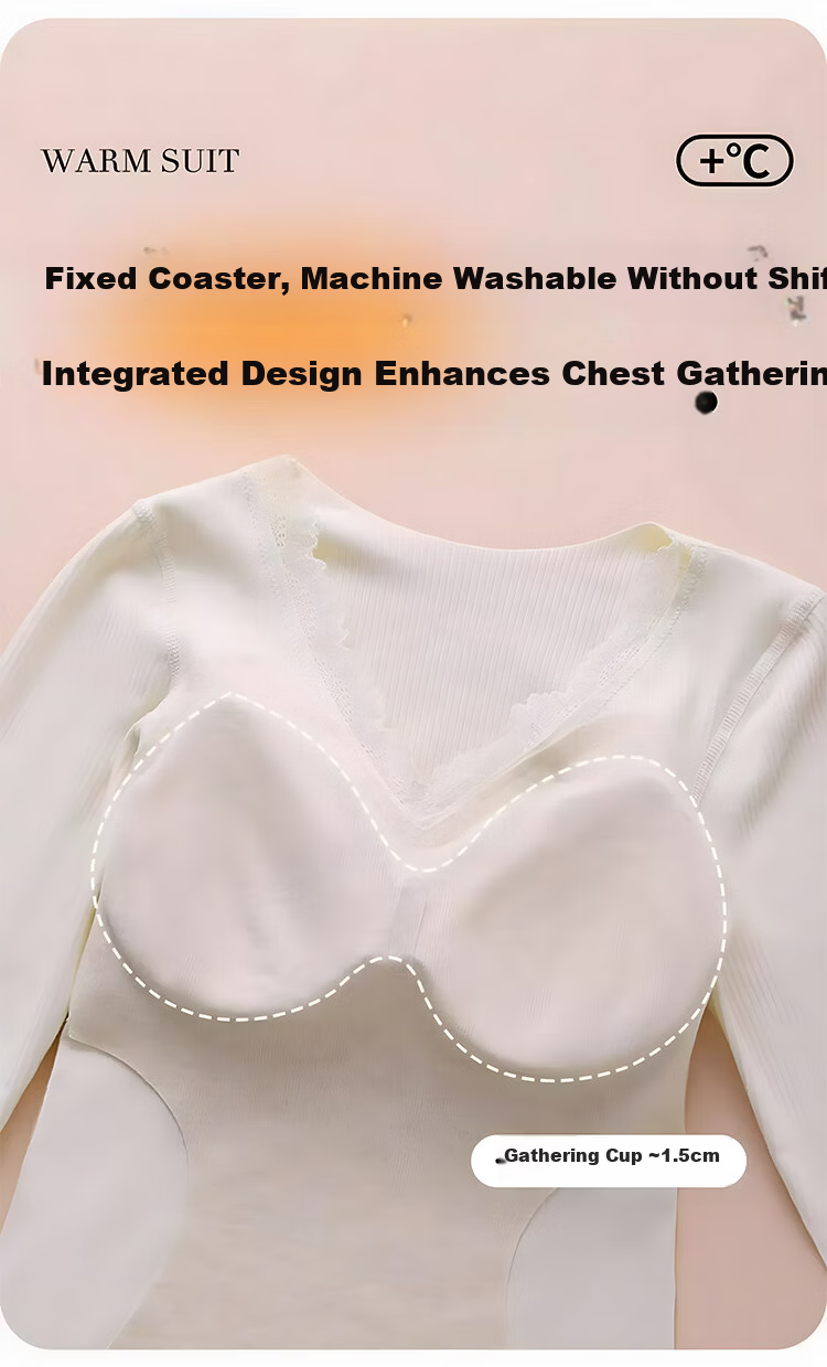 Tingmei Women's Thermal Underwear with Built-in Chest Pad, One-piece Bra-free Patch, Autumn Winter Fleece Thickened Body Shaping Set 5