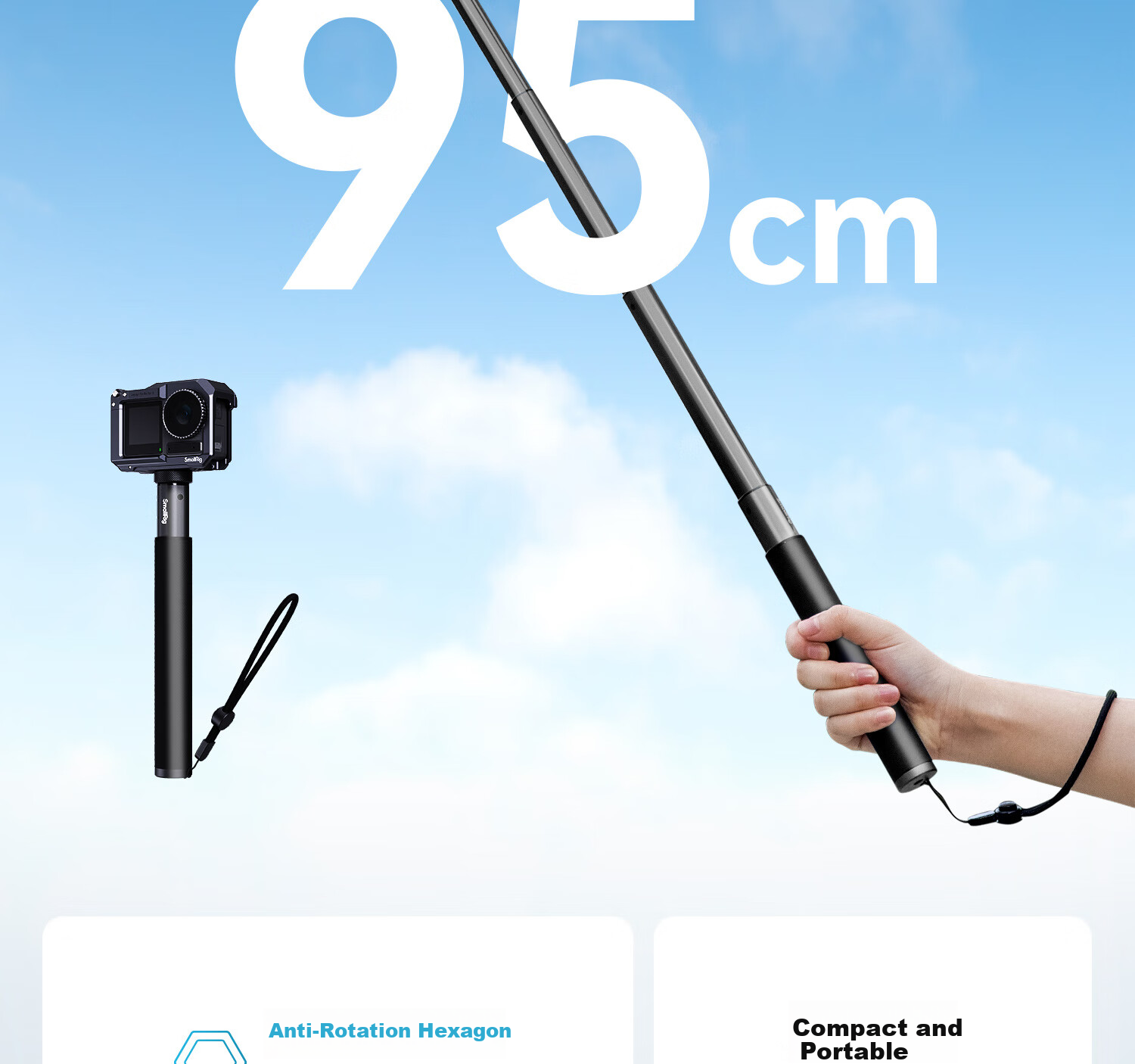 SmallRig 5403 Selfie Stick for DJI Action 5/Pocket 3/GoPro 13/FeiyuTech X5/ACE2 Pro Handheld Shooting Accessories Sports Camera Extension Rod with Phone Clamp 2